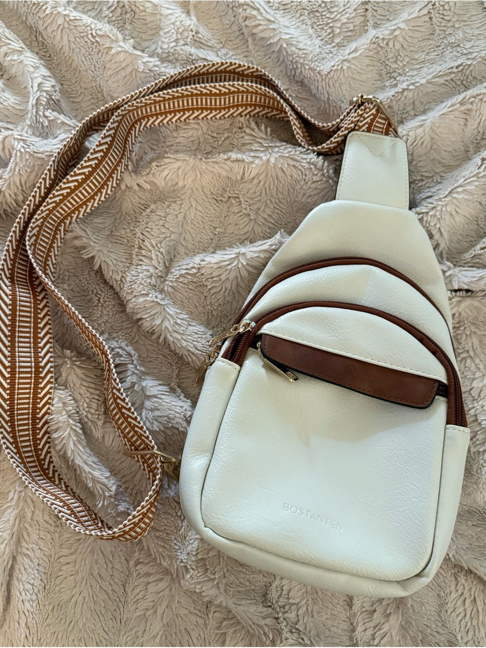 Bostanten White Crossbody Sling Bag with Brown Trim and 28” Canvas Strap